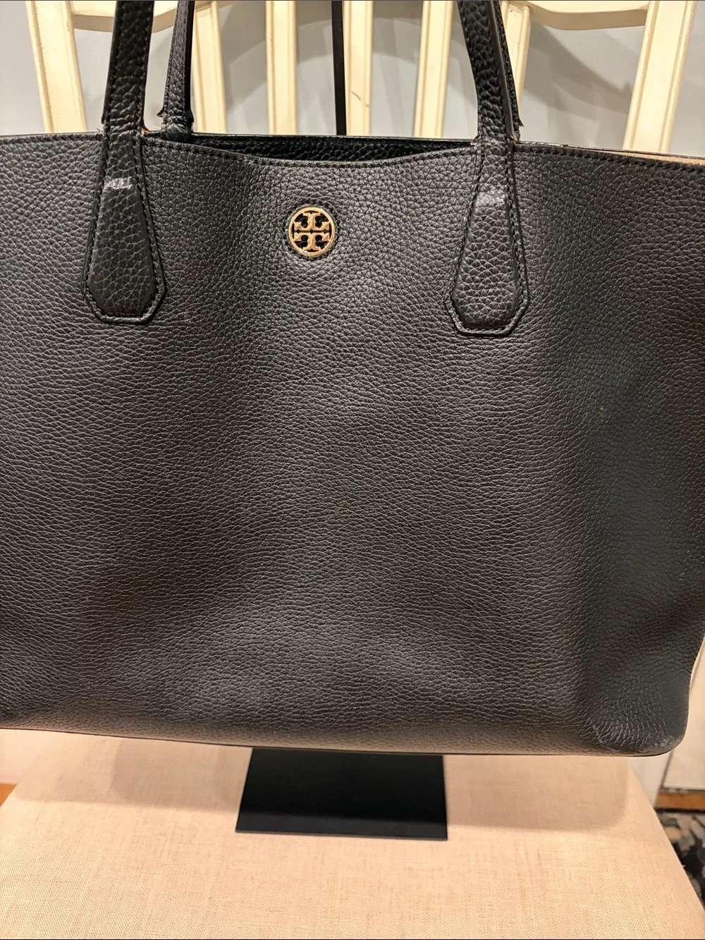 Tory Burch Black Leather Tote with Gold Logo